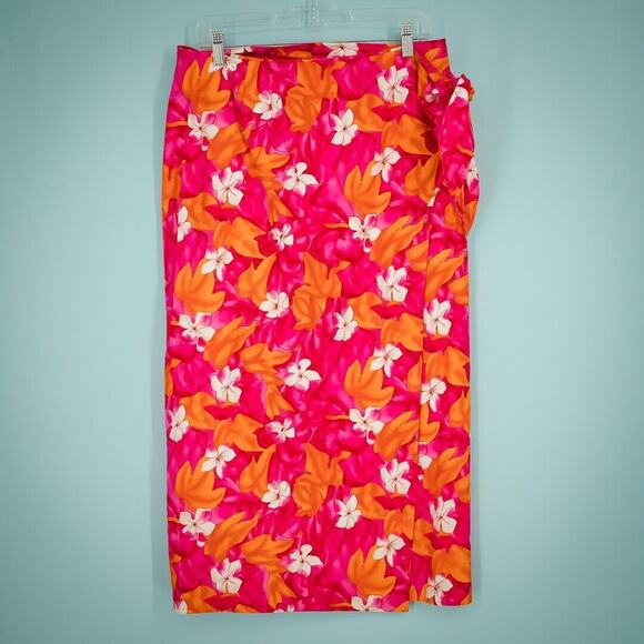 Talbots Size 14 Pink Hawaiian Tropical Floral Print Wrap Tie Midi Cotton Skirt - Picture 1 of 6